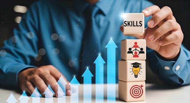 Professional stacking skill blocks on a growth chart, symbolizing career development and business improvement.