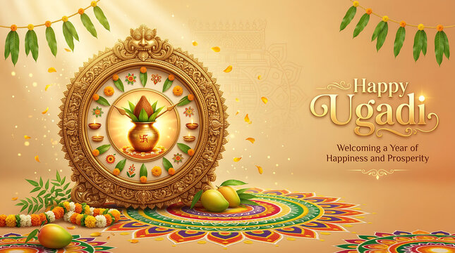Ugadi celebration with traditional indian clock and decorations happy ugadi greeting with mango leaves and fruits