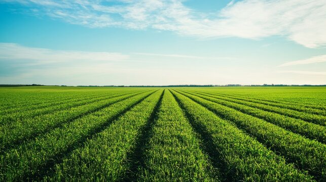 Field of freshly cut alfalfa with leading lines and open sky for text placement and design