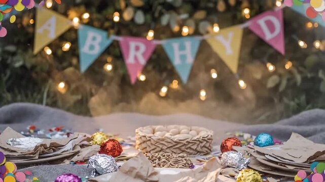 Birthday Party Setup With Confetti and Bunting Flags in Outdoor Setting