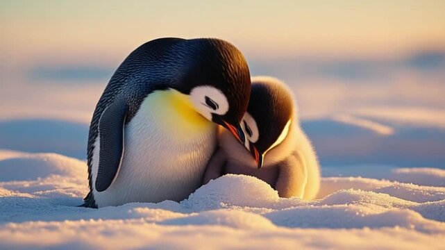 Two emperor penguin chicks cuddling in soft snow during golden hour Arctic landscape