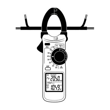 Black and white illustration of a digital clamp meter displaying readings
