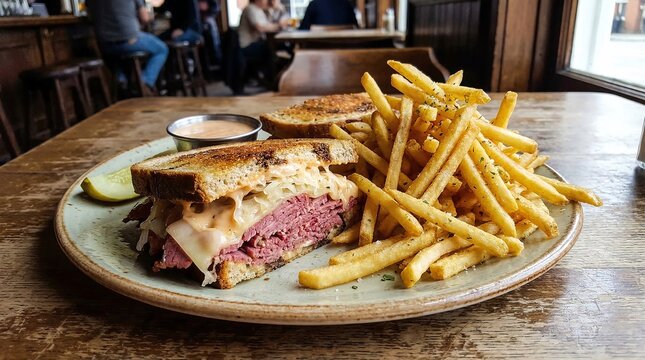 Classic Reuben sandwich featuring savory corned beef, Swiss cheese, and sauerkraut, served with golden crispy french fries and a pickle.