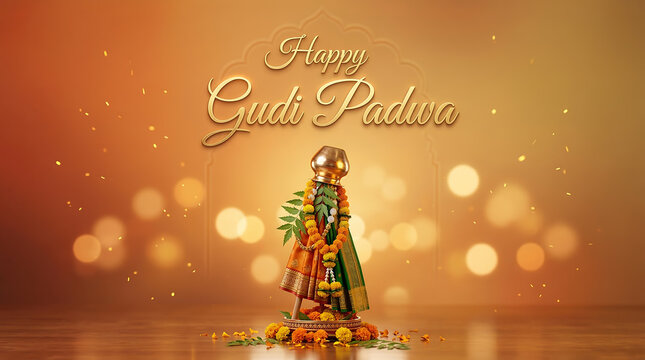 Gudi padwa celebration with decorated gudi and floral arrangements on wooden floor with bokeh lights
