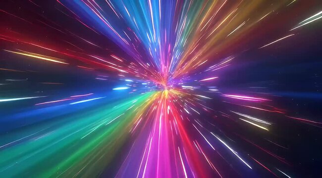 Hyperdrive light speed effect with rainbow neon streaks, cosmic wormhole travel through space, vibrant motion blur background for sci-fi transitions