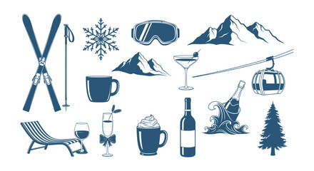 Apres-ski icon collection with winter sports equipment and drinks © niloy
