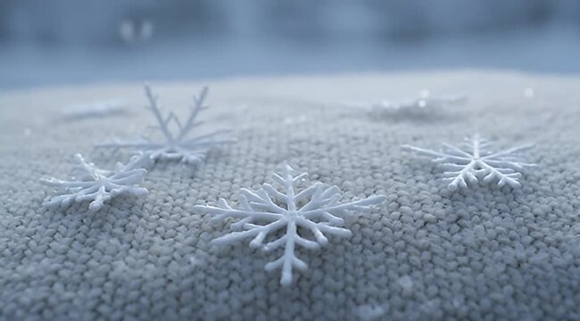 A serene winter tableau featuring delicate snowflakes resting on a soft textured surface