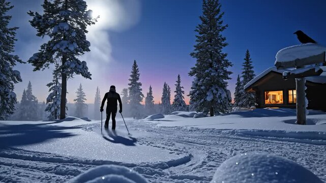 Person Cross-Country Skiing Through Snowy Forest at Dusk With Cozy Cabin