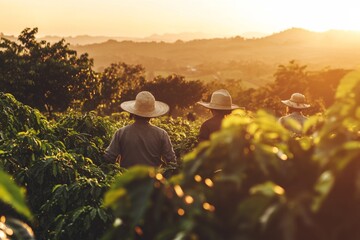 Fototapeta premium Farmers work in coffee fields at sunrise wearing straw hats and vintage clothing in Brazil's countryside during harvest time