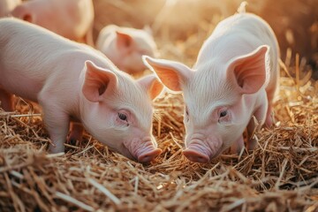 Piglets play and feed in warm straw light on a rural farm in the afternoon showing their lively nature and curiosity