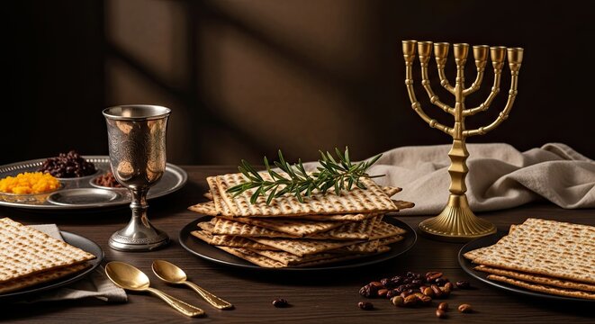 Passover seder table setting with matzah and traditional jewish symbols