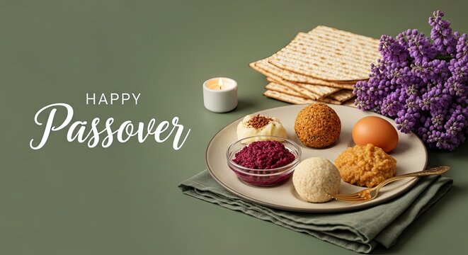 Happy passover seder plate with matzah and charoset
