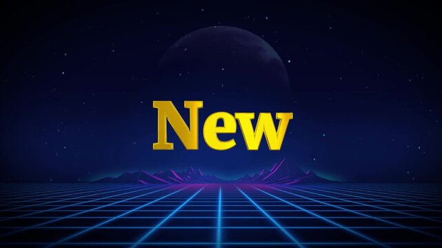 Futuristic neon grid background with 'new' text in dark blue and purple hues starry night sky 3d  good render.