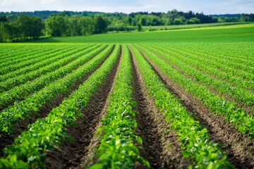Obraz premium Crops growing in neat rows on a farm with a green landscape and trees in the distance under a clear sky