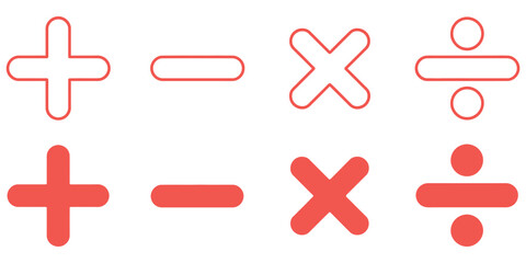 Obraz premium Basic Mathematical Symbol Icon Set, Vector Collection Featuring Plus, Minus, Multiply, and Division Signs with Calculator Icons for Applications, Websites, and Educational Design Projects.