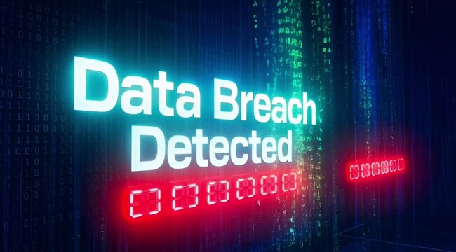 Urgent digital alert shows 'Data Breach Detected' indicating a critical cybersecurity incident and system compromise.