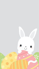 Fototapeta premium Cute white bunny rabbit on pastel Easter eggs seamless border, vertical background. Flat design illustration.