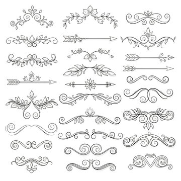 Collection of elegant floral and swirling line art designs and arrows.