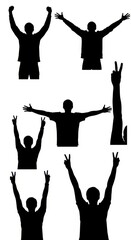 Silhouettes of people celebrating with arms raised in victory.