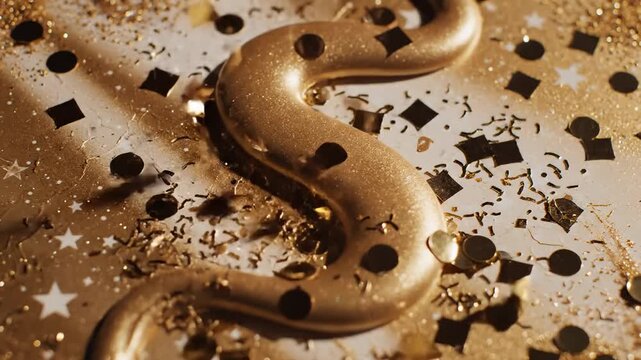 Golden Confetti Falling on a Shiny Gold S-Shaped Object With Stars and Circles