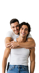 Fototapeta premium Young caucasian athletic males embracing tenderly, wearing white shirts and blue jeans in a high-key white studio, smiling radiantly, editorial medium close-up shot, concept of modern romantic
