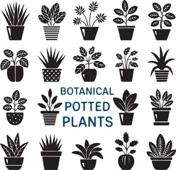 Set of potted houseplants isolated on transparent background black silhouette vector illustration