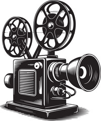 Naklejka premium Vintage film projector illustration, old cinema equipment, retro technology, photography tool, classic movie player, historical media device.