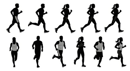 Obraz premium Silhouettes of runners in motion for fitness and health.