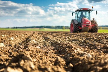Obraz premium Farmer works in freshly plowed field with red tractor in background showing modern agriculture and cultivation techniques