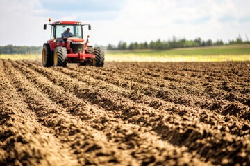 Obraz premium Farmer operates a red tractor in a freshly plowed field during a sunny day while preparing for crop planting
