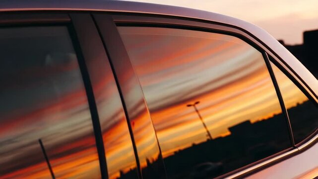Car window reflecting colorful sunset with dramatic skyview