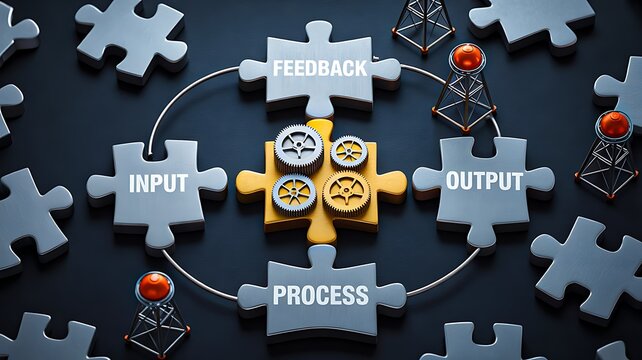Business process workflow concept with puzzle pieces showing input process output and customer feedback system