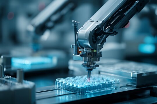 Robotic automation system handling microplates for biological assays.