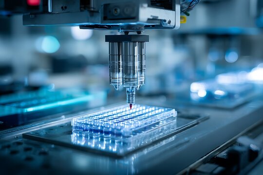 Robotic automation system handling microplates for biological assays.