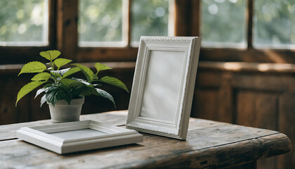 Fototapeta premium Minimalist Still Life: Two Empty White Picture Frames with Green Plant on Rustic Wooden Table