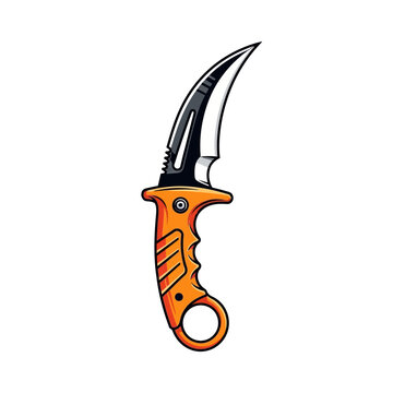 Stylized illustration of an orange and black karambit knife on white