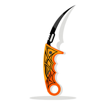 A vibrant orange karambit knife with a black blade is displayed