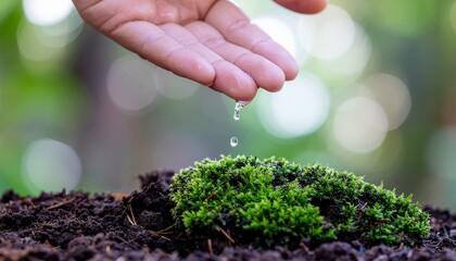 Fototapeta premium Hand gently dripping water drop onto fresh green moss in natural soil.