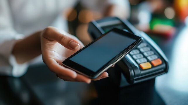 Hand holding smartphone for mobile payment at modern checkout terminal