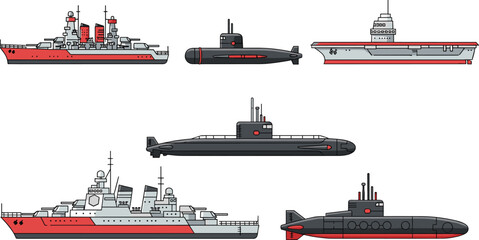 Modern naval warships and submarines collection, military navy fleet vessels illustration, maritime defense ships and submarine transport set © Itz Marjia
