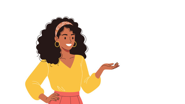 Cheerful woman with curly dark hair and a headband gestures with her hand as if presenting a new idea.