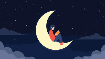Naklejka premium Young child sitting comfortably on a glowing crescent moon while reading a book under a beautiful starry night sky with clouds.