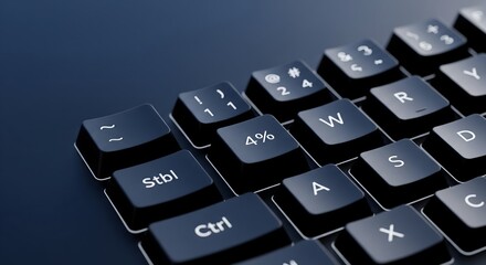 Close-up of computer keyboard keys with various symbols and letters.