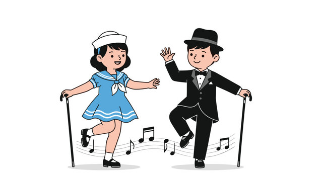 Cute boy and girl in formal and sailor-style costumes enjoy a lively tap dance performance accompanied by floating musical notes.