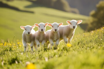 Fototapeta premium Spring lambs run in the countryside of Brecon Beacons National Park under bright sunshine