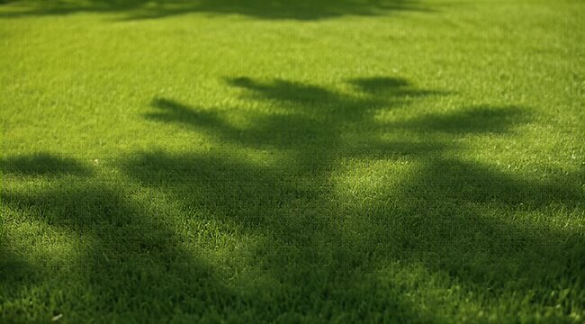 Close-up of vibrant green grass, partially shaded by soft, dappled tree shadows