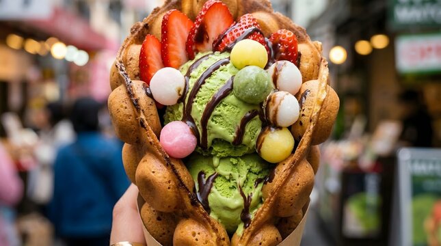 Hong Kong Bubble Waffle with Matcha Ice Cream and Strawberries, Colorful Street Food Dessert