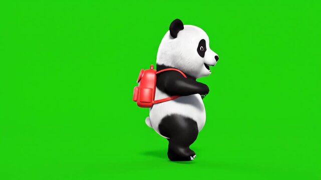 A playful dancing panda character with a backpack showcasing joyful movements against a green background