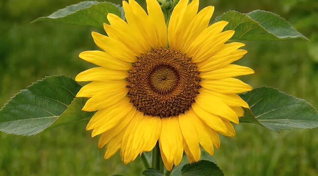 Frontal view of a large, radiant yellow sunflower with a textured brown center and green leaves
