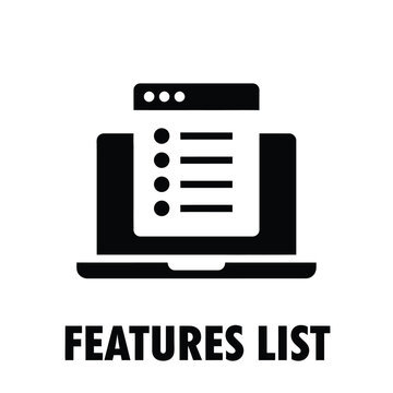 A minimalist black and white icon depicts a laptop displaying a list accompanied by the text features list below high quality professional detailed modern elegant stylish